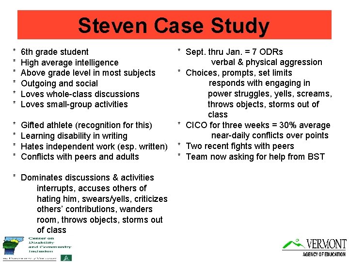 Steven Case Study * * * 6 th grade student High average intelligence Above