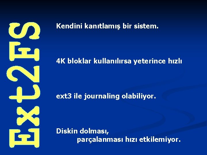 Kendini kanıtlamış bir sistem. 4 K bloklar kullanılırsa yeterince hızlı ext 3 ile journaling