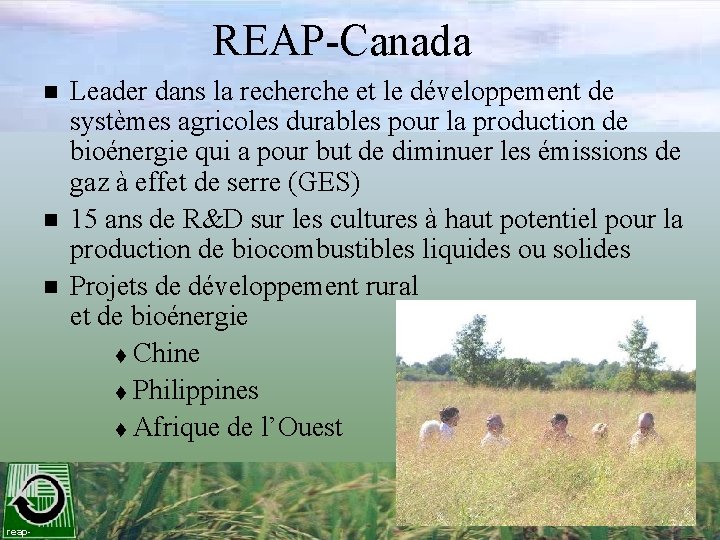 REAP-Canada n n n reap- Leader dans la recherche et le développement de systèmes