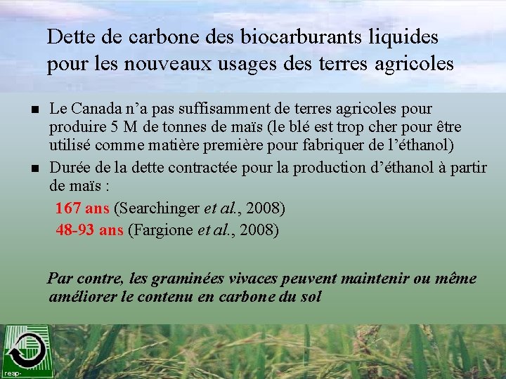 Dette de carbone des biocarburants liquides pour les nouveaux usages des terres agricoles n