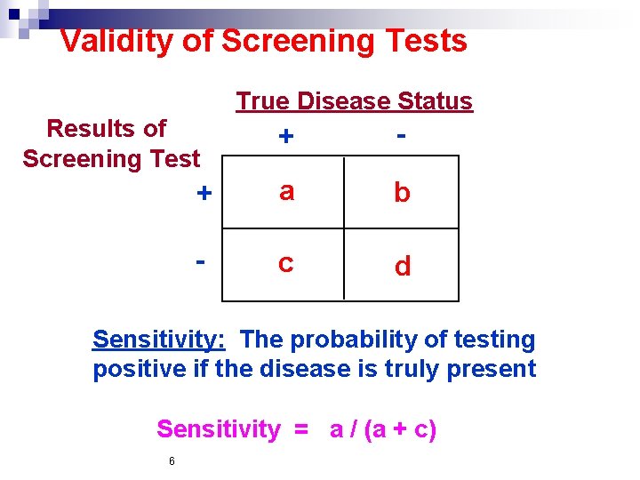 Validity of Screening Tests True Disease Status Results of Screening Test + - +