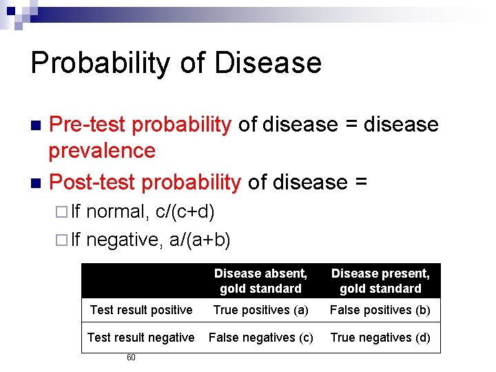 Probability of Disease Pre-test probability of disease = disease prevalence n Post-test probability of