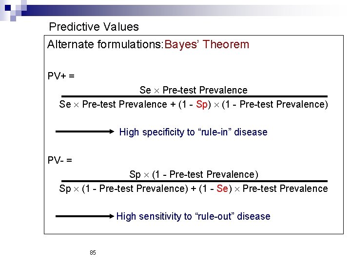 Predictive Values Alternate formulations: Bayes’ Theorem PV+ = Se Pre-test Prevalence + (1 -