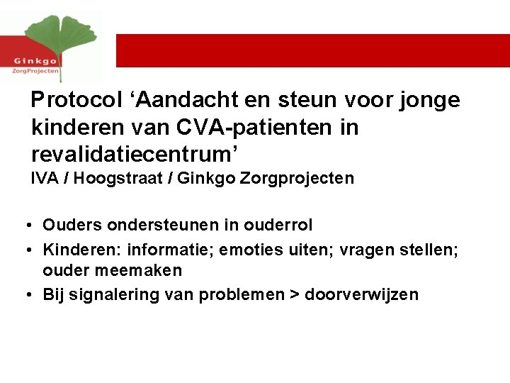 Protocol ‘Aandacht en steun voor jonge kinderen van CVA-patienten in revalidatiecentrum’ IVA / Hoogstraat