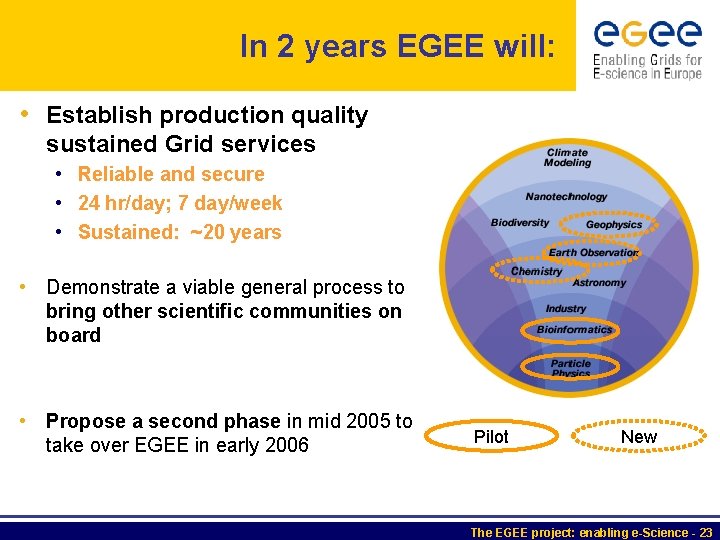 In 2 years EGEE will: • Establish production quality sustained Grid services • Reliable
