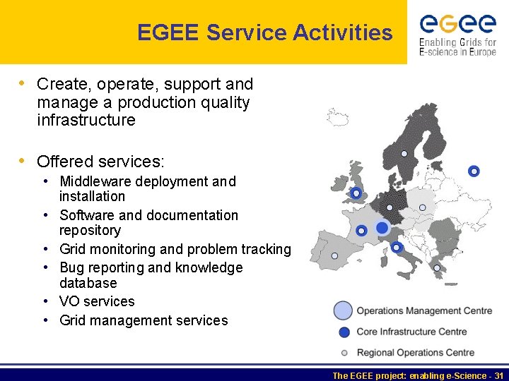 EGEE Service Activities • Create, operate, support and manage a production quality infrastructure •
