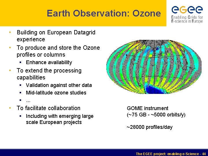 Earth Observation: Ozone • Building on European Datagrid experience • To produce and store