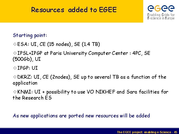 Resources added to EGEE Starting point: v. ESA: UI, CE (15 nodes), SE (1.