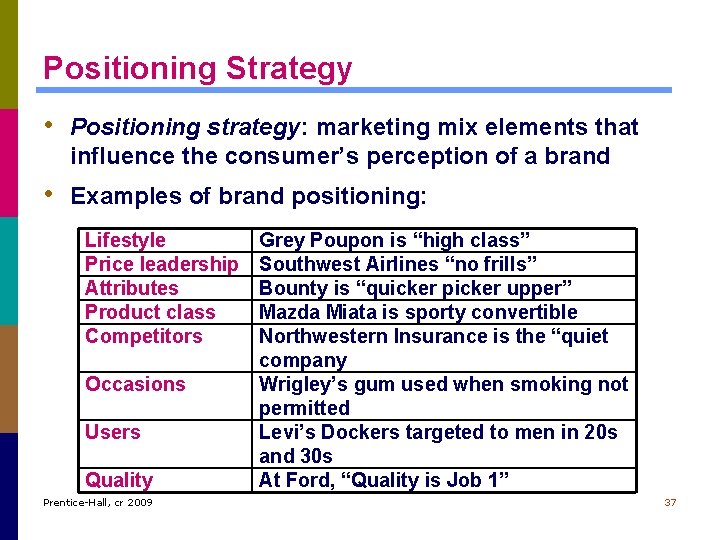 Positioning Strategy • Positioning strategy: marketing mix elements that influence the consumer’s perception of