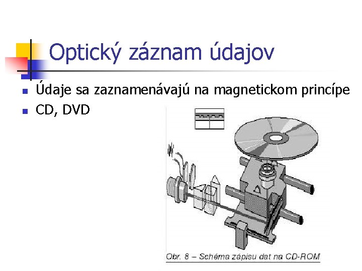 Optický záznam údajov n n Údaje sa zaznamenávajú na magnetickom princípe CD, DVD 