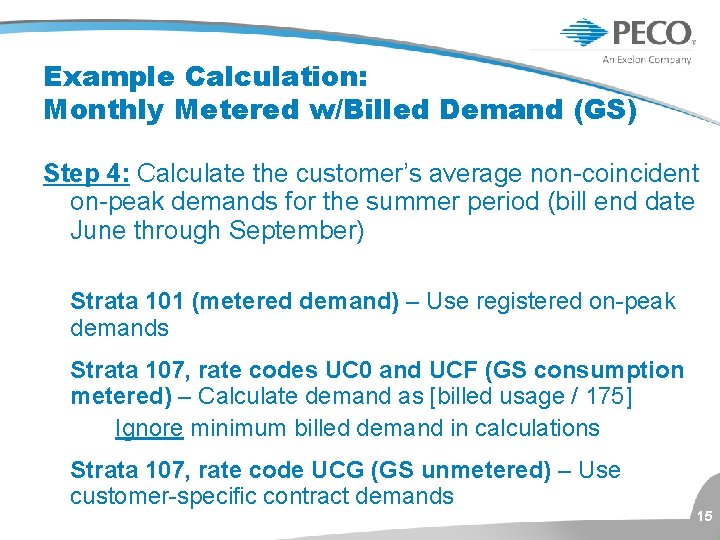 Example Calculation: Monthly Metered w/Billed Demand (GS) Step 4: Calculate the customer’s average non-coincident