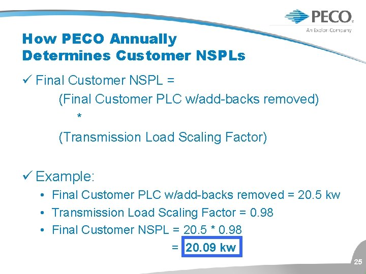 How PECO Annually Determines Customer NSPLs ü Final Customer NSPL = (Final Customer PLC
