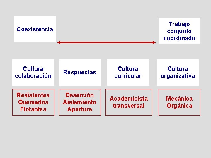 Trabajo conjunto coordinado Coexistencia Cultura colaboración Respuestas Cultura curricular Cultura organizativa Resistentes Quemados Flotantes