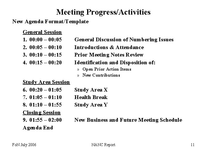 Meeting Progress/Activities New Agenda Format/Template General Session 1. 00: 00 – 00: 05 2.