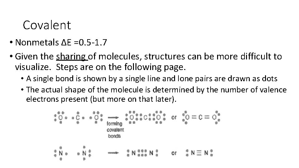 Covalent • Nonmetals ΔE =0. 5 -1. 7 • Given the sharing of molecules,