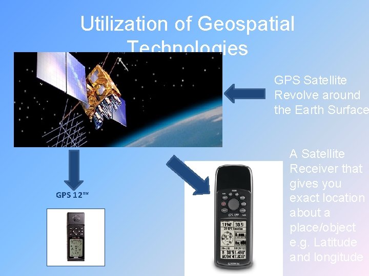 Utilization of Geospatial Technologies GPS Satellite Revolve around the Earth Surface GPS 12™ A