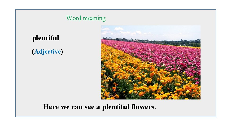 Word meaning plentiful (Adjective) Here we can see a plentiful flowers. 