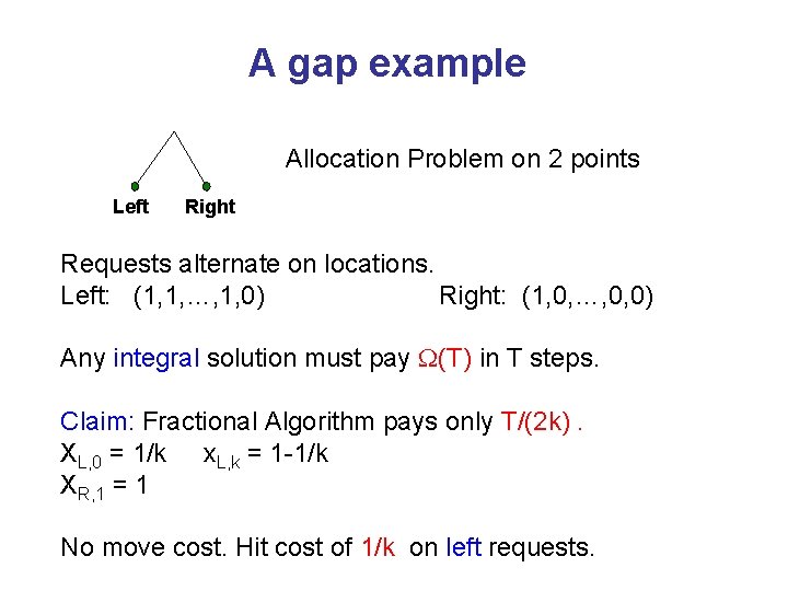 A gap example Allocation Problem on 2 points Left Right Requests alternate on locations.
