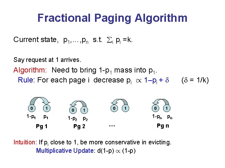 Fractional Paging Algorithm Current state, p 1, …, pn s. t. i pi =k.