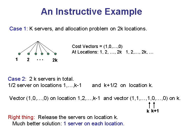 An Instructive Example Case 1: K servers, and allocation problem on 2 k locations.