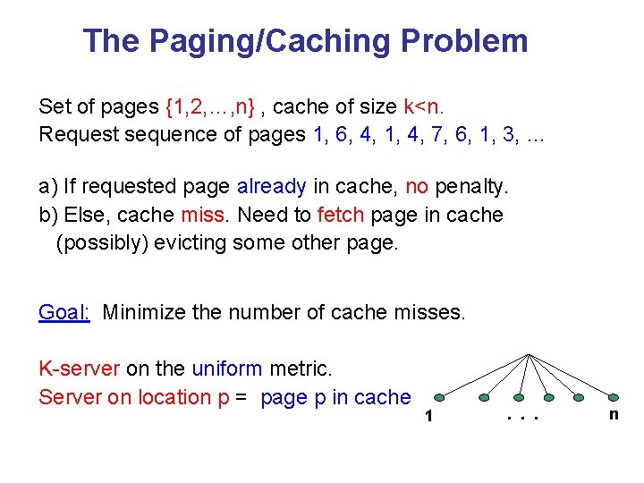 The Paging/Caching Problem Set of pages {1, 2, …, n} , cache of size