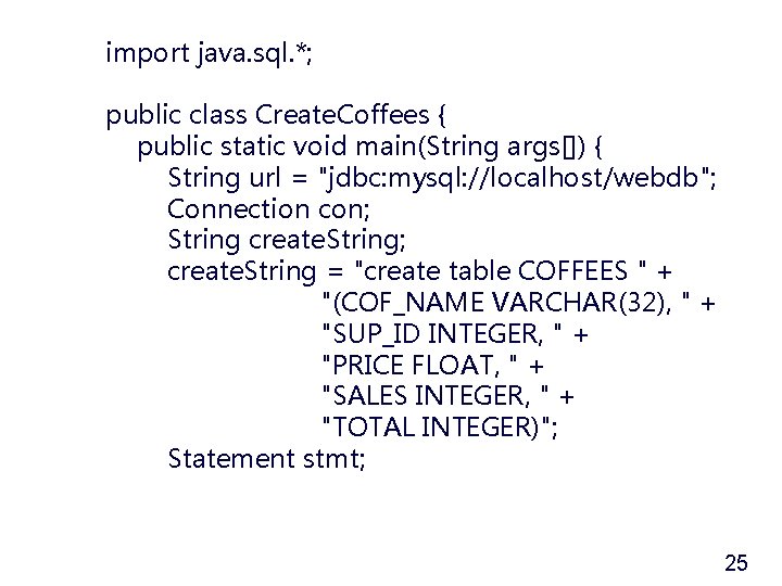 import java. sql. *; public class Create. Coffees { public static void main(String args[])