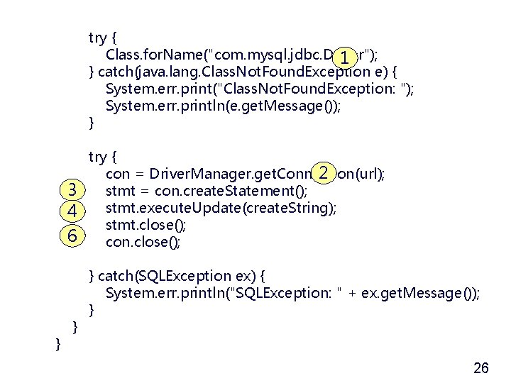 try { Class. for. Name("com. mysql. jdbc. Driver"); 1 } catch(java. lang. Class. Not.