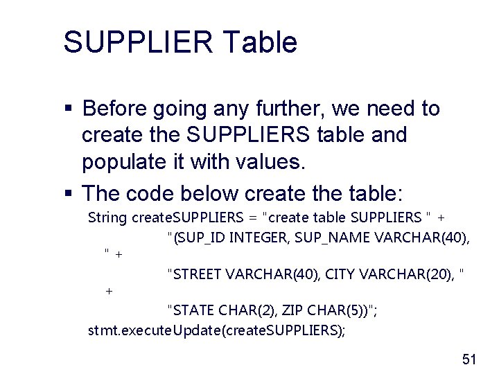 SUPPLIER Table § Before going any further, we need to create the SUPPLIERS table