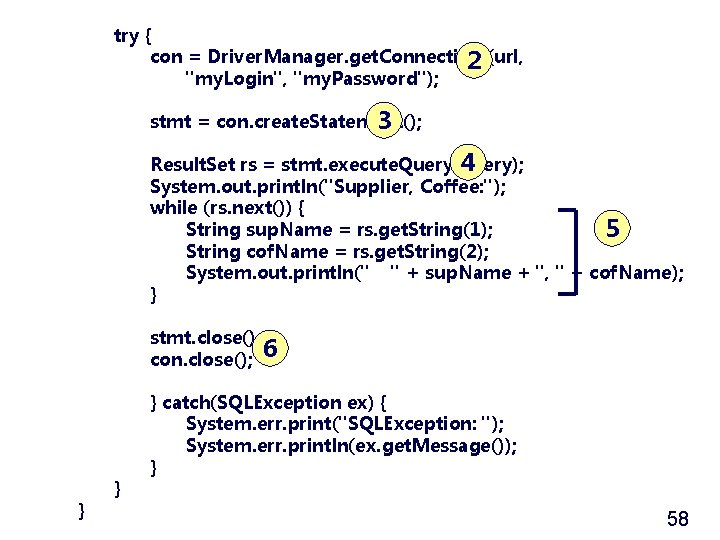 try { con = Driver. Manager. get. Connection 2 (url, "my. Login", "my. Password");