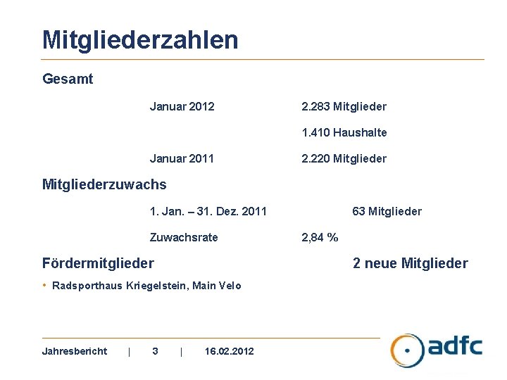 Mitgliederzahlen Gesamt Januar 2012 2. 283 Mitglieder 1. 410 Haushalte Januar 2011 2. 220