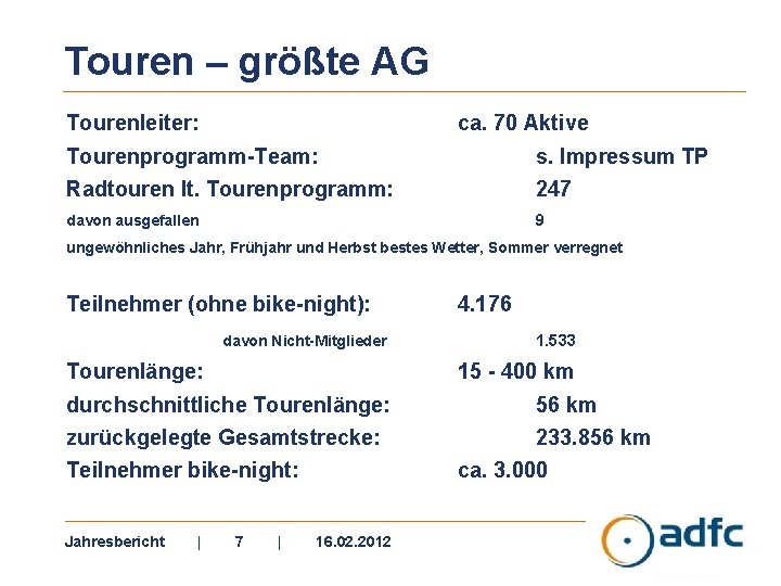 Touren – größte AG Tourenleiter: ca. 70 Aktive Tourenprogramm-Team: s. Impressum TP Radtouren lt.