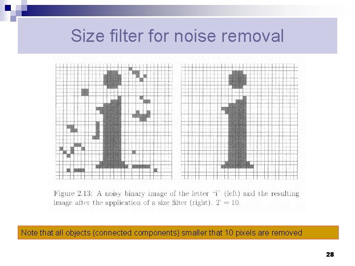Size filter for noise removal Note that all objects (connected components) smaller that 10 Size filter for noise removal Note that all objects (connected components) smaller that 10