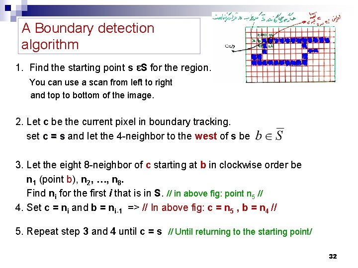 A Boundary detection algorithm 1. Find the starting point s εS for the region. A Boundary detection algorithm 1. Find the starting point s εS for the region.