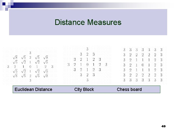 Distance Measures Euclidean Distance City Block Chess board 40 Distance Measures Euclidean Distance City Block Chess board 40