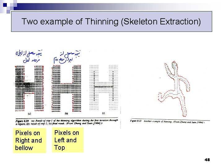 Two example of Thinning (Skeleton Extraction) Pixels on Right and bellow Pixels on Left Two example of Thinning (Skeleton Extraction) Pixels on Right and bellow Pixels on Left