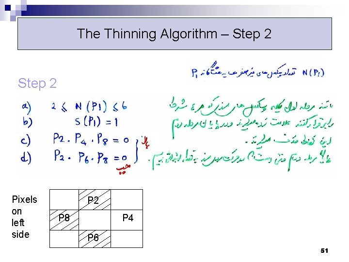 The Thinning Algorithm – Step 2 Pixels on left side P 2 P 8 The Thinning Algorithm – Step 2 Pixels on left side P 2 P 8