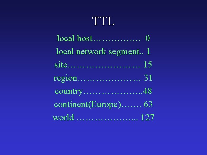 TTL local host……………. 0 local network segment. . 1 site………… 15 region………………… 31 country……………….