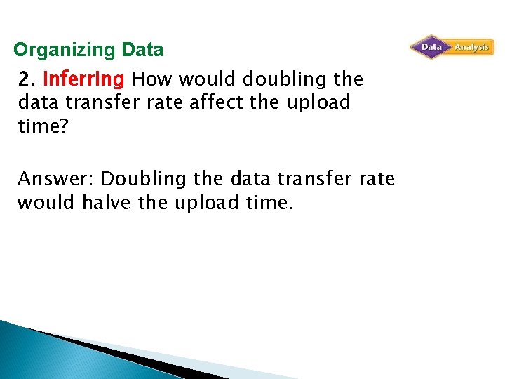 Organizing Data 2. Inferring How would doubling the data transfer rate affect the upload