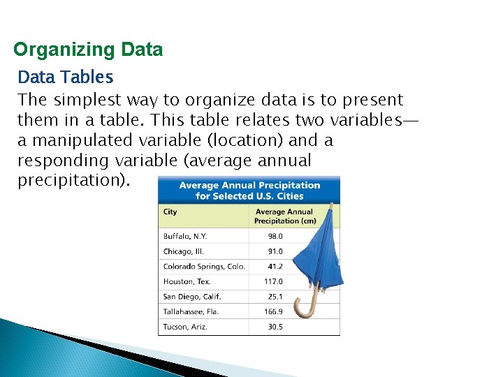 Organizing Data Tables The simplest way to organize data is to present them in