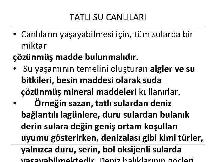 TATLI SU CANLILARI • Canlıların yaşayabilmesi için, tüm sularda bir miktar çözünmüş madde bulunmalıdır.