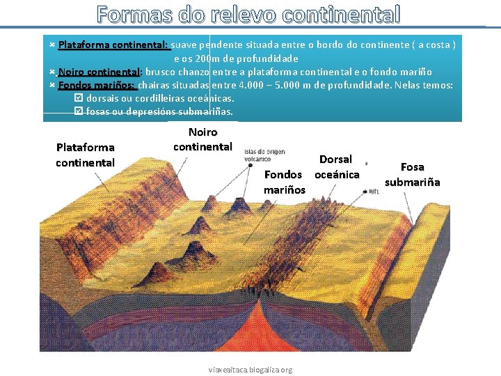 Formas do relevo continental Plataforma continental: suave pendente situada entre o bordo do continente