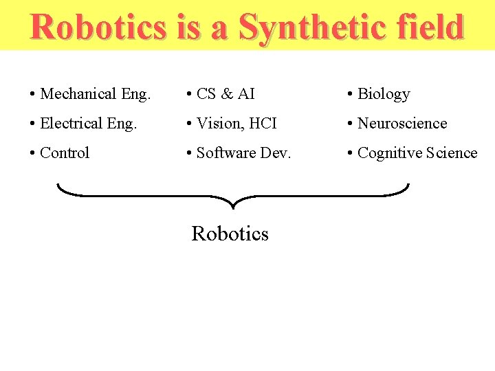 Robotics is a Synthetic field • Mechanical Eng. • CS & AI • Biology Robotics is a Synthetic field • Mechanical Eng. • CS & AI • Biology