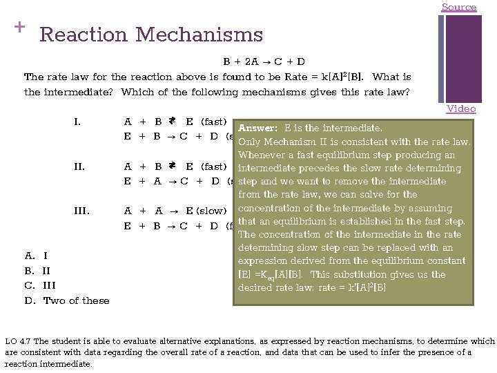 + Reaction Mechanisms B + 2 A → C + D The rate law
