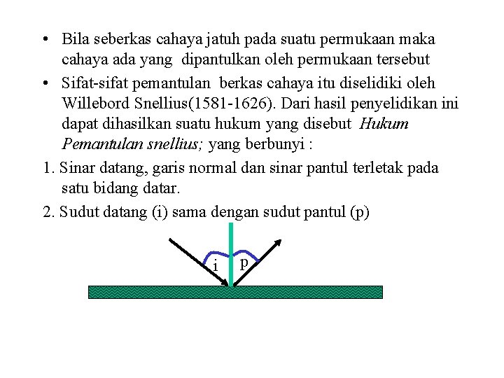  • Bila seberkas cahaya jatuh pada suatu permukaan maka cahaya ada yang dipantulkan