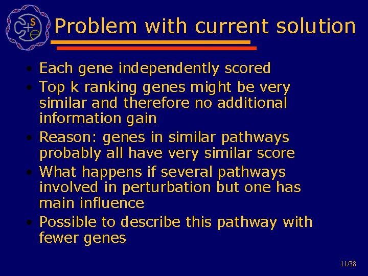 Problem with current solution • Each gene independently scored • Top k ranking genes