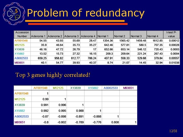 Problem of redundancy Top 3 genes highly correlated! 12/38 