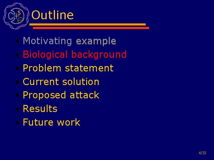 Outline • Motivating example • Biological background • Problem statement • Current solution •