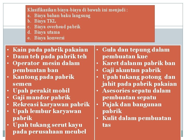 Klasifikasikan biaya-biaya di bawah ini menjadi : a. Biaya bahan baku langsung b. Biaya