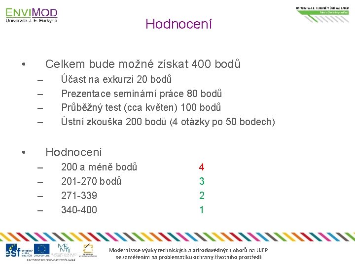 Hodnocení • Celkem bude možné získat 400 bodů – – • Účast na exkurzi