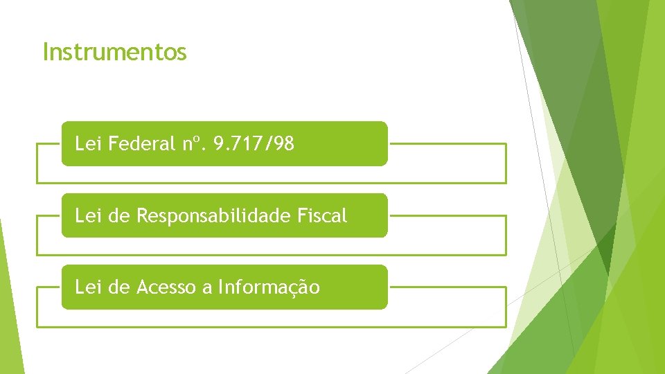 Instrumentos Lei Federal nº. 9. 717/98 Lei de Responsabilidade Fiscal Lei de Acesso a